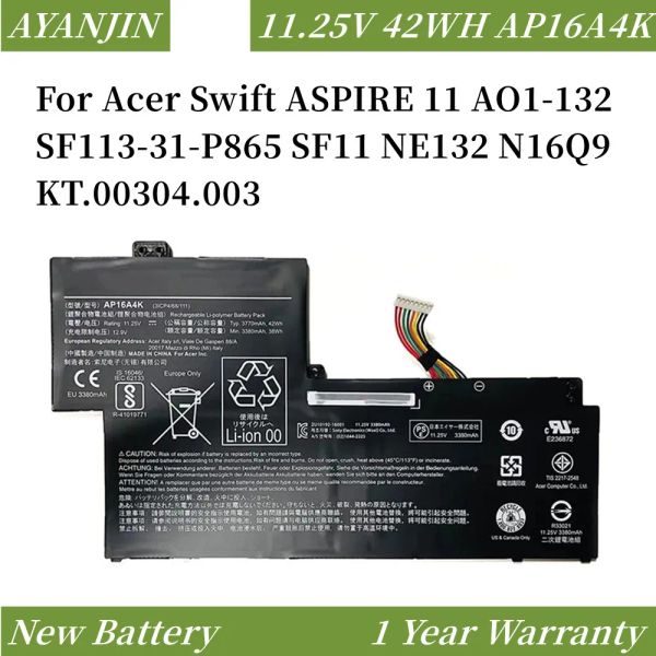 Piller AP16A4K 11.25V 42WH 3770mAh Dizüstü bilgisayar Acer Swift Aspire 11 AO1132 SF1131P865 SF11 NE132 N16Q9 KT.00304.003