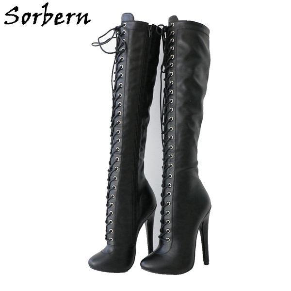 Sorbern Custom Custom Cute Round Toe Boots Knee High Lace su High Arch Spike Cappone Scarpe a gamba larga Black Matt Boot Matt Black