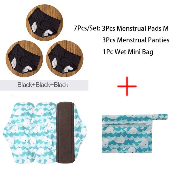 3PCs Bambu Charcoal Sanitário Pads+ 3pcs Panties menstruais do período+ 1 bolsa molhada 2020 New Women Women Panties for Menstrual Pads S M L