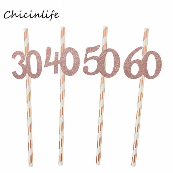 Pagnello di carta Chicinlife 10pcs con numero 30 40 50 60 Straw di bevande per l'anniversario 30 ° 40 ° 50 ° 60 ° compleanno Decorazione per feste di compleanno