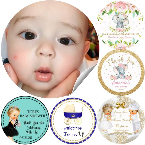 Etichette del battesimo personalizzato Etichette per la doccia per bambini Mariage grazie adesivi per la festa regalo di compleanno del logo personalizzato rivelazione