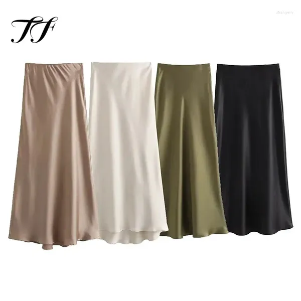 Scherma 2024 Donne Satin Midi Spring Summer High Waist Long Skirt Female Vintage Elegant Solid Color Party H Line Mujer