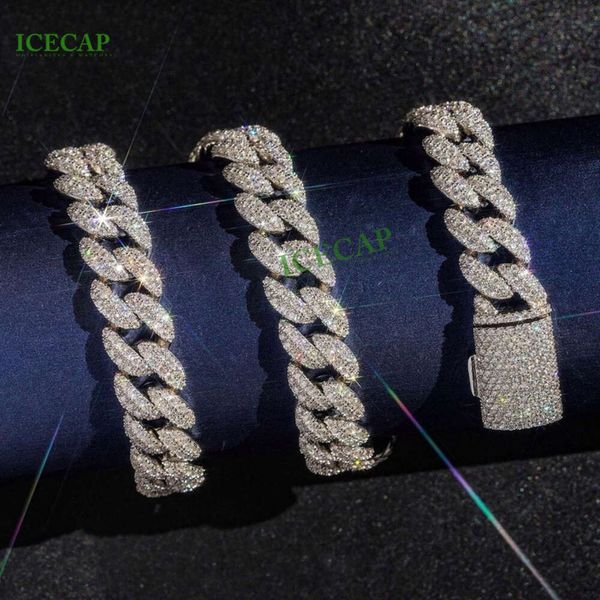 Jóias finas 12 mm de gelo completo VVS VVS Missanite Link Chain Sterling Sier White Gold Pated colar