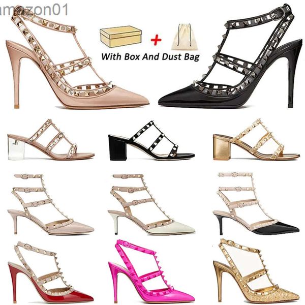 Valentinstagsandalen High Heel Designer VT Sandalen Designer Frauen Luxus Sandalen Kleiderschuhe Rockstift High Heels Leder Nieten Schwarzer spitzer Peep NVO 9erg