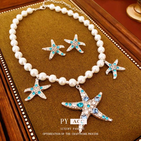 Colar de pérolas de estrela do mar de diamante, portão leste, luz, cadeia de clavícula, de luxo da moda, colar personalizado e criativo para mulheres