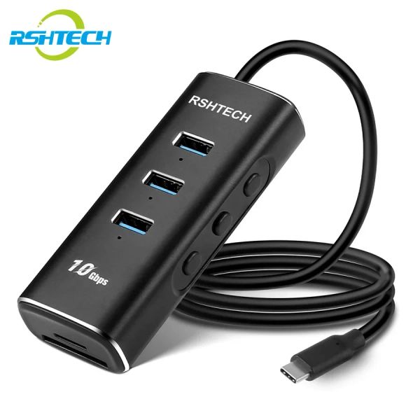 Hubs RSHTECH A104D USB 3.1 Hub 5in1 Transmissão de 10 Gbps com TF/SD Card Reader Tipo C Hub Extender USB Splitter para laptop MacBook