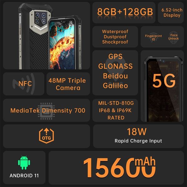 Oukitel wp15 smartphone robusto 15600 mAh 8gb+ 128gb da 6,5 