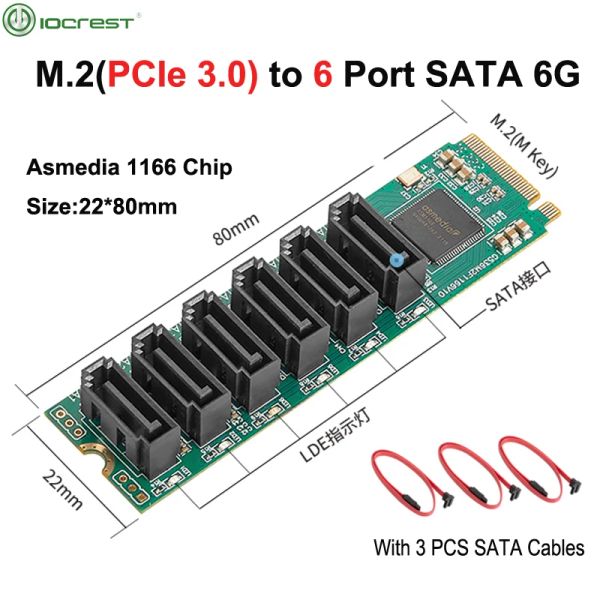 Карты Iocrest M.2 (PCIE 3.0) для 6 портов SATA III 6G SSD Адаптер с 3 SATAIII CABLE PCIE GEN3X2 NONALE ASMEDIA 1166 ЧИП