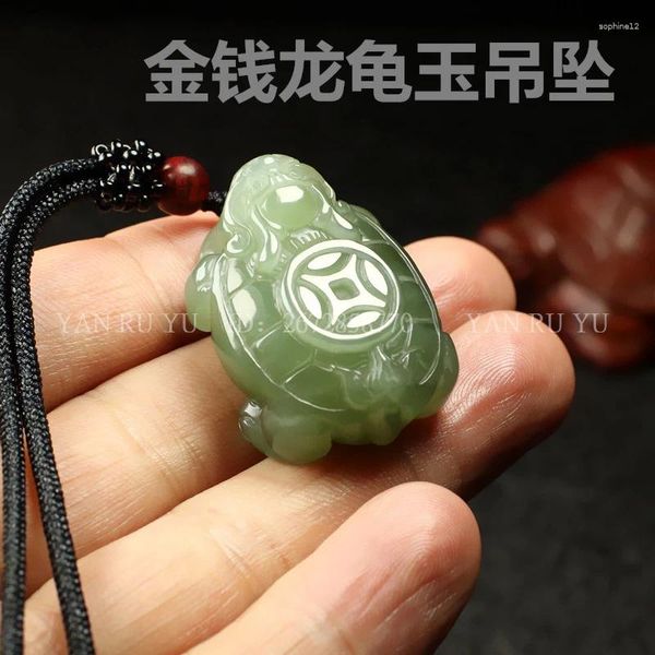 Estatuetas decorativas de pedra natural hetiana jade pendente dragão tartaruga de boa sorte colar pescoço ornamento homem jóias acessórios