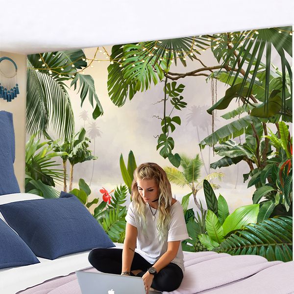 Palmblattgrüne Botanik -Wandteppichbananenblätter tropischer Regenwaldpflanzen in Südostasien Wandhänkel Wandteppichwand Tuch