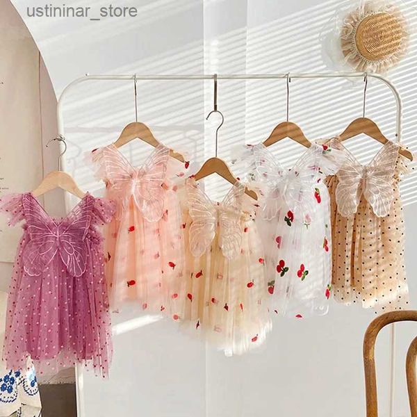 Vestidos de menina para criança vestido de bebê vestido de moda de morango de cereja de cereja de arco de asa de asa de borda