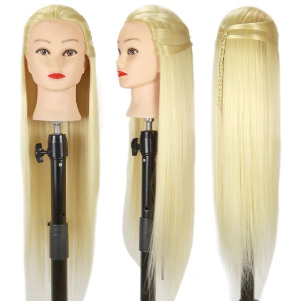 60 cm al 100% in fibra ad alta temperatura Bionda Capelli Bionda Testa Allenamento Testa per acconciature Testa di bambola Manikin Testa Manikin