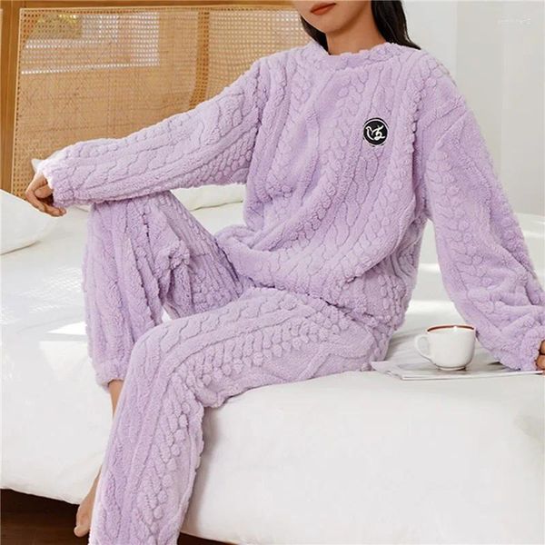 Roupas em casa Pijamas de flanela quente de inverno conjunto para mulheres grossas de veludo de coral grosso pijamas camisola de pijama terno feminino cinza roupas de casa cinza