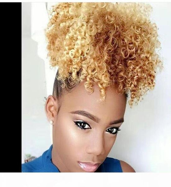 Bal sarışın Afro Puff Drawstring Siyah kadınlar için at kuyruğu Afro Kinky Curl İnsan Yüksek Puff Drawstring Kısa At kuyruğu 8693071