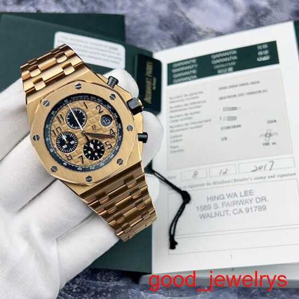 Emocionante AP Wrist Watch Watch Royal Oak Offshore Series 26470or Gold Shell Gold Gold Band Chronógrafo Mens relógio 18K Rose Gold Material 42mm