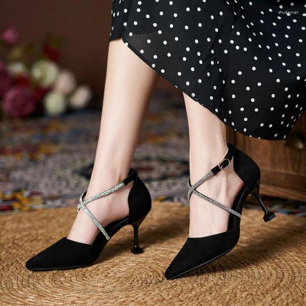 Sandalen Größe 31-43 Strasskreuzgurt mit hohen Heel-Schuhen dünne Fersenpunktzehen Sommer für Frauen