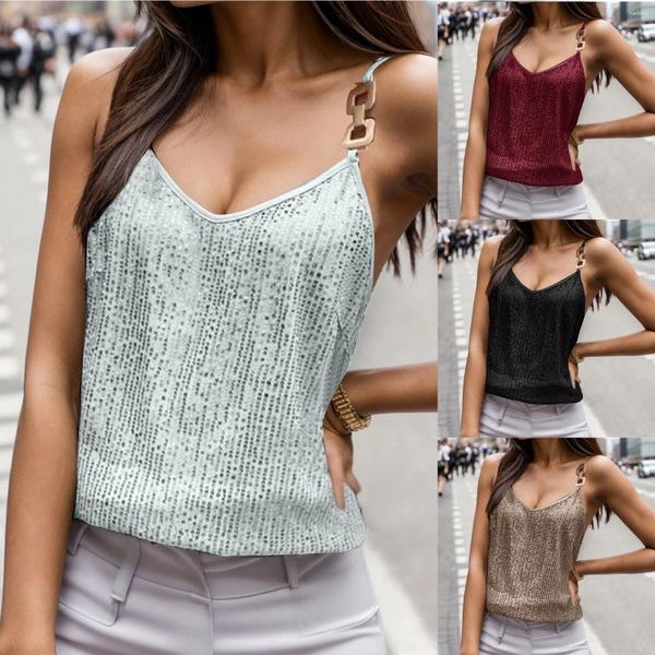 Frauen Tanks Vintage sexy Frauen Pailletten Tanktops ärmellose Camisole lässig V-Ausschnitt Spaghetti-Träger Weste Top Fashion Farkly Glitter