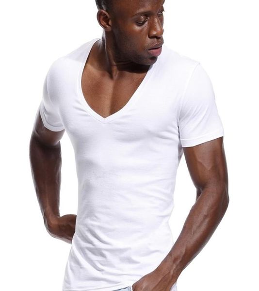 Camiseta de pescoço em v para homens de baixo corte vneck vee tee camiseta macho de camiseta invisível modelo escamas hem slim slim fit manga curta 22043677780