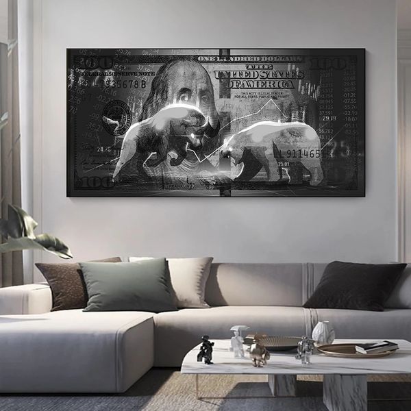 Уолл -стрит заряжая бычьи медведь картины на 100 долларов США. Плака