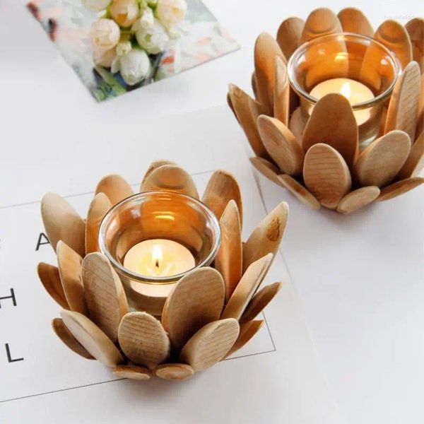 Titulares de velas Petal de lótus rústico de madeira com copos de vidro portáteis Candlestick caseiro para decoração de casa