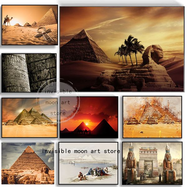 Pyramidi egiziani retrò divinità di Dio Desert Desert City Landscape Art Poster tela dipinto Stampe murali Stampe immagini per la casa decorazioni per la casa