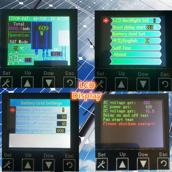 Inversor de gravata da grade de 1200W para painéis solares Power de descarga de bateria ajustável, exibição colorida de LCD MPPT Pure Sine Wave inversor