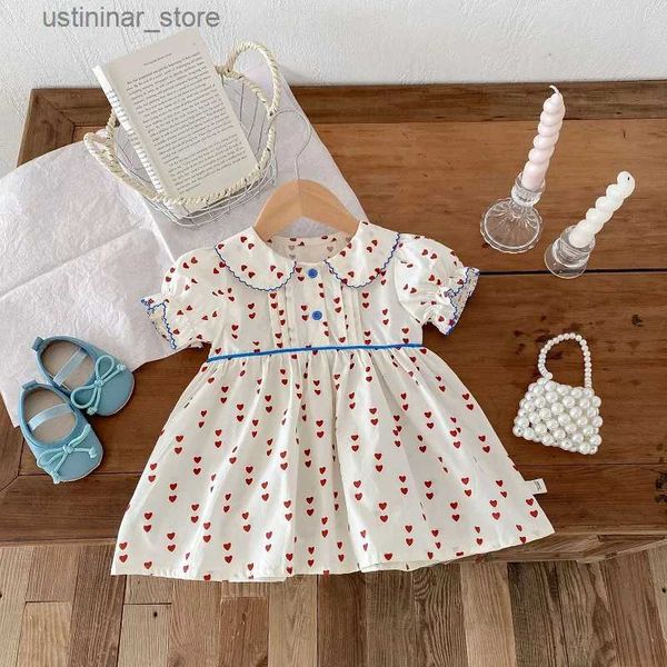 Abiti da ragazza 2024 Abito per ragazze estive 0-6 anni Bambini Short Maniche Peter Pan Collar Heart Pattern A-Line Abiti da un pezzi Abiti L47