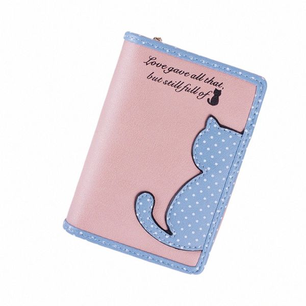 Nova carteira feminina curta coreana versi de cartão fofo meio lado gato pu de couro zíper buckle aluno moeda carteira dobrável multi-f81v#