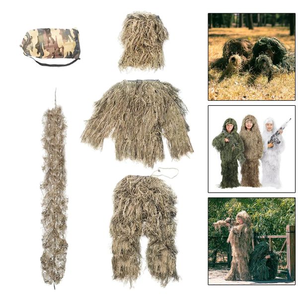 CRIANÇAS GHILLIE TERNO 3D Roupas de camuflagem florestal de roupas de caça de terno Gilly Set para roupas de fotografia de vida selvagem Terno