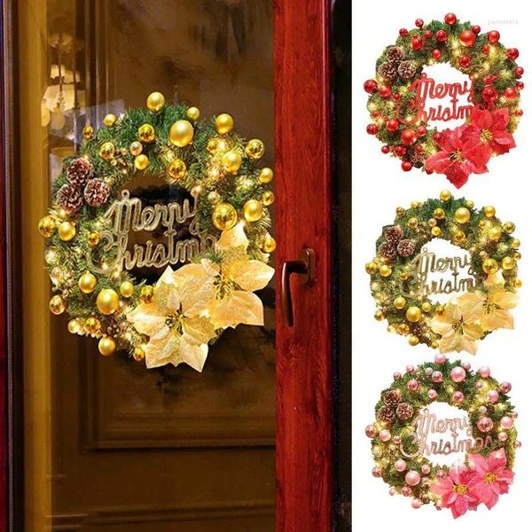 Dekorative Blumen Weihnachtskranz mit Lichtern Künstliche Fichte Vordertür Dekorationen Ball Ornamente Bauernhaus rustikal
