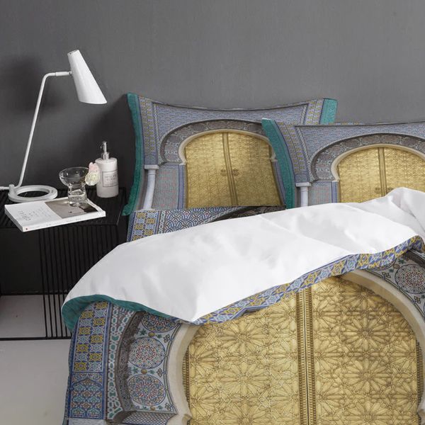 Golden Gate Metal Metal Retro Prinha Bedding Set Têxteis Home Campa de Bedra Tampa de Tampa da Casagem de Cama de Campa de Caso de Caso de Única