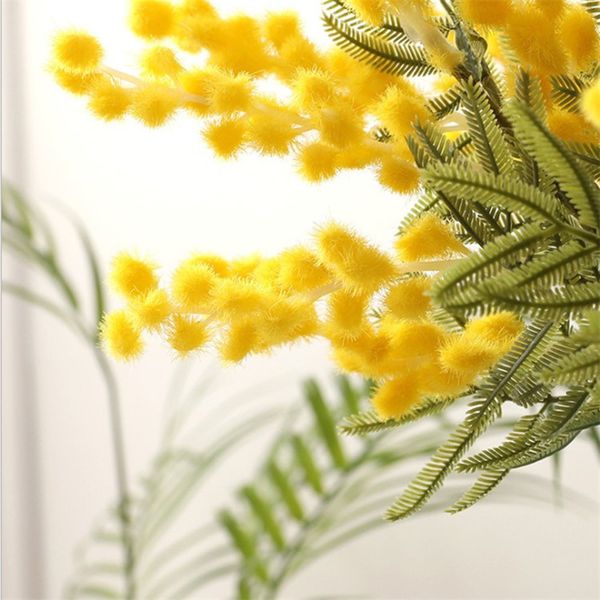 38 cm branco/amarelo acacia acacia amarela Mimosa luxuosa pudica spray cereja de seda de seda de seda de seda decoração de festas de feijão vermelho