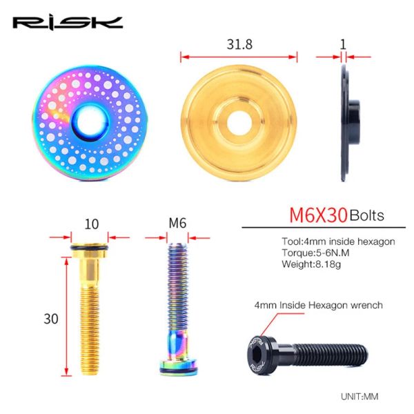 Rischio 3 tappo per cuffie in bicicletta in lega di titanio in titanio + m6*bullone per gambo per cuffie per bici da 30 mm per bici da strada mtb da 28,6 mm