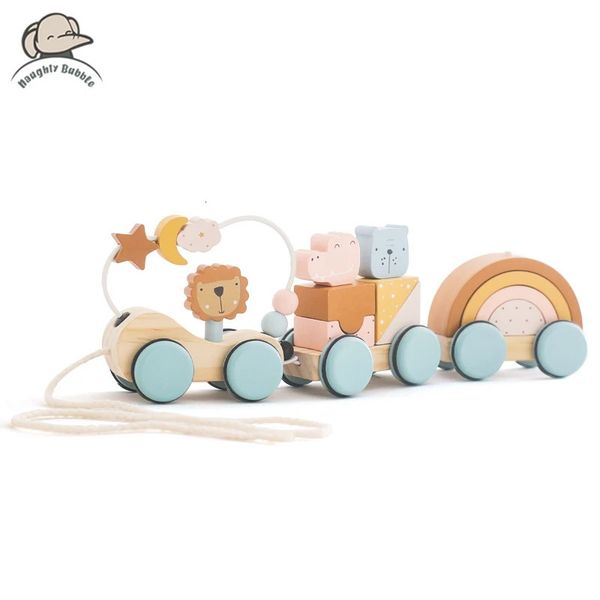 Ahşap Montessori Toys Hayvan Blok Tren Binası Oyuncak Oyuncak İtme ve Çekin Manuel Bebek Dengesi Hediyeleri 240407