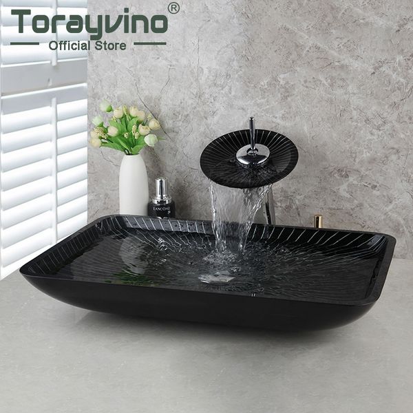 Torayvino Lavante per bagno Set 4 forme in vetro Lavaggio dipinto a mano Basino a foro singolo Monte Mistero a cascata Mixer Tap Tap