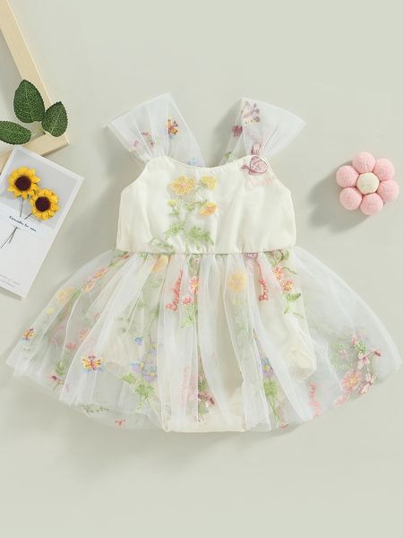 Vestido de macacão bordado floral bordado com malha tultu tule skirt adorável roupa infantil sem mangas para o verão 240329