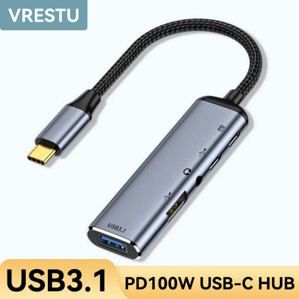 Hubs USB Typec Hub Otg Convertir USBC su USB3.1 2.0 da 3,5 mm Convertitore per cuffie per cuffie PD100W Stazione docking per MacBook PC Laptop iPad