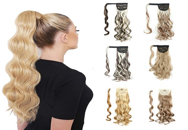 Destaque o clipe de ondas corporais na extensão do rabo de cavalo para mulheres brancas pretas embrulhando em torno de Fake Natural Wavy Pony Tail Synthetic 6998743