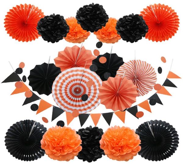 Decoração de festa Conjunto de Halloween 20pcsset preto e dourado fãs de papel de papel de papel pompom triângulo Bandeiras para feliz aniversário 7644544