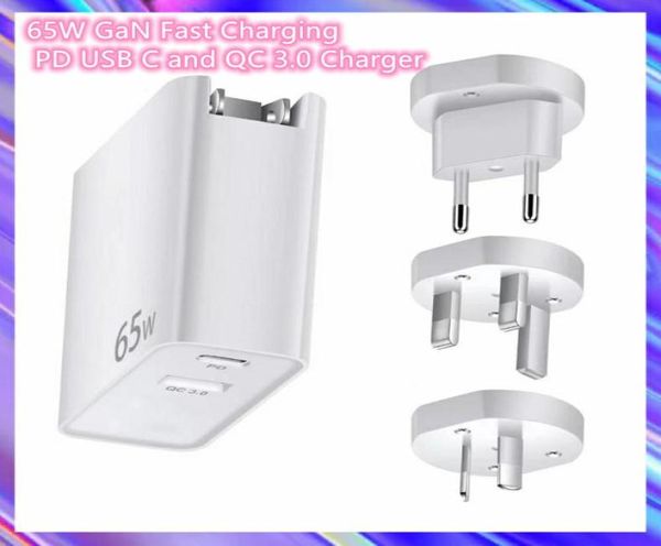 65W GAN Charging rápido PD USB e QC 30 18W Carregador para celular Apple iPhone 13 Pro 12 11 8 7 Adaptador de energia do iPad UE UK US PLU3082099
