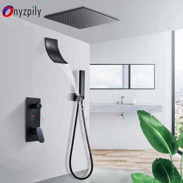 ONYZPILY opaco matte nero da doccia set di rubinetti set soffitto mounte lcd sfollata a cascata del sistema di doccia per cucciolo di becco di cucciolo