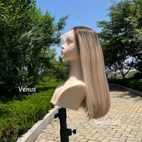 Vurgu Dantel Frontal Yahudi Peruk Avrupa Bakire İnsan Saç Sarışın Kahverengi Şeffaf Dantel Üst Kosher Wig 18inch El Bağlı Peruklar