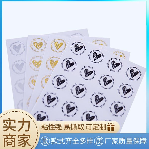 10heets/200pcs Seleamento adesivo Love Heart Round Gold Silver Black DIY Cartões de aniversário envelope Bag Lables para presente de cozimento