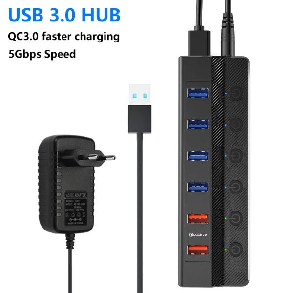 Hubs USB 3.0 Hub com fonte de alimentação Splitter USB de alta velocidade múltipla USB3.0 7 10 portas QC 3.0 Acessórios de laptop de carregamento mais rápidos