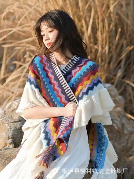 Mulheres outono Inverno Bohemiano Faux Cashmere Style Ethnic Style Long grossa Poncho Shawl feminino Big Pendulum casaco solto 240319