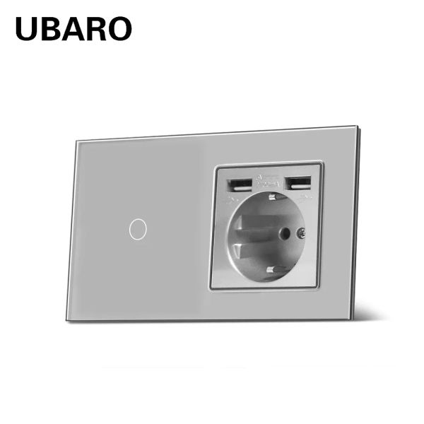 Ubaro EU UK Standard 1 Gang Light Touch Switch 220V с USB -гнездо электрическим розетку белый серый хрустальный хрустальный стекло