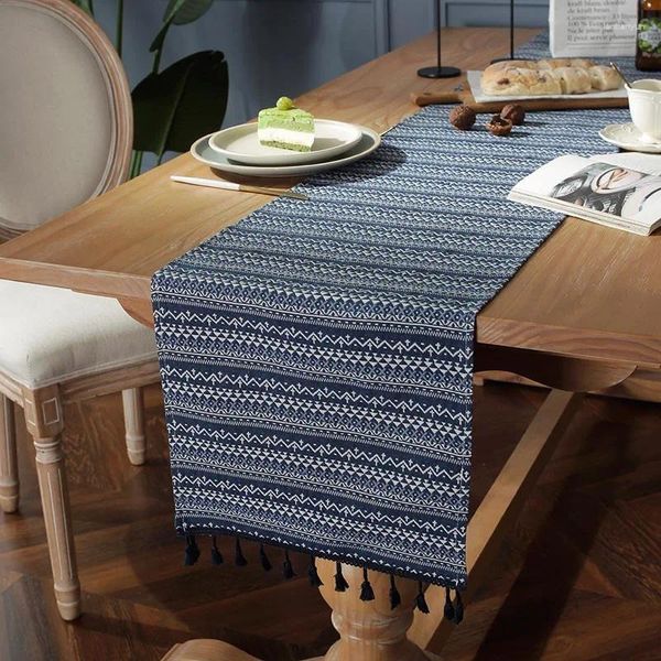 Свалочная ткань Богемя Жаккард Голубые геометрические таблицы бегут кофейная обложка Элегантная скатерть для домашнего декора