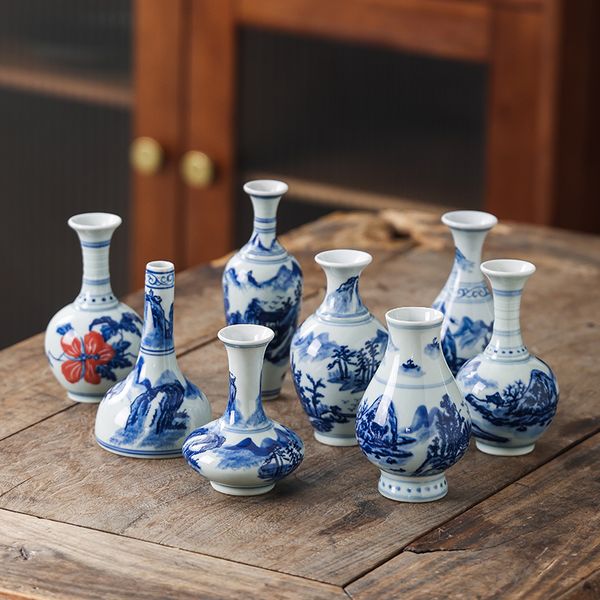 Jingdezhen Blau und weißes Porzellan handbemalte Keramikvase-Regal Mini Vase kleine getrocknete Blumenhome Dekoration