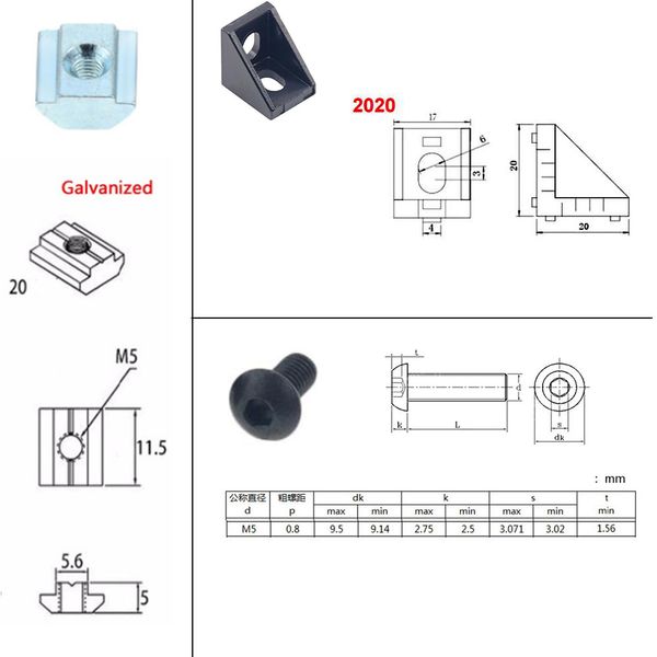 Connettore di profilo in alluminio 2020 Set: staffa angolare da 20 pc + 40pcs 20 Serie M5 M5 T-Slot Dats + 40pcs M5X8mm Caspeggio esagonale