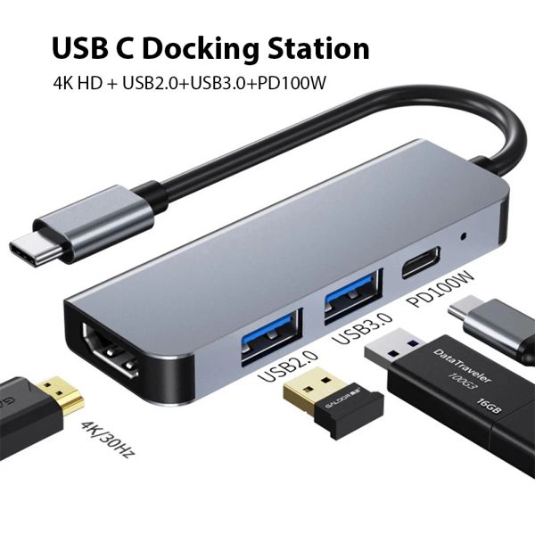 Stationen Laptop USB C Dockingstation 4in1 4K30Hz Hdmicompatible USB3.0 USB2.0 PD100W USB Typ C Hub für MacBook -PC -Telefon Tablet